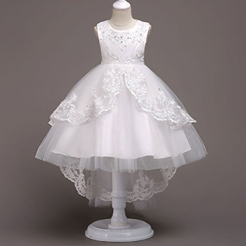 Flower Girls Vintage High-Low Tulle Lace Beaded Rhinestone Wedding Bridesmaid Dress Formal Princess Pageant Birthday Party Special Occasion Retro Dance Evening Tutu Ball Gowns White 5-6 Years #TOP2
