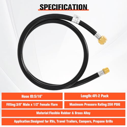 Image of Wadoy 4 Foot Propane Hose, 3 /8-inch MPT x 1 /2-inch Female Flare Propane Hose Extension 48 Inch, 350PSI Max Pressure for RVs Travel Trailers Campers & Grills 2 Pack