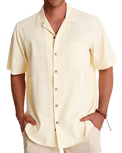 Image of Alimens & Gentle Mens Linen Shirts Cotton Hawaiian Shirts Short Sleeve Button Down Shirts Casual Summer Beach Tops