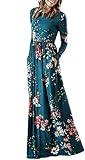 ZESICA Women's Floral Print Long Sleeve Pockets Empire Waist Pleated Long Maxi Dress Teal X-Large