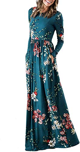 ZESICA Women's Floral Print Long Sleeve Pockets Empire Waist Pleated Long Maxi Dress Teal X-Large