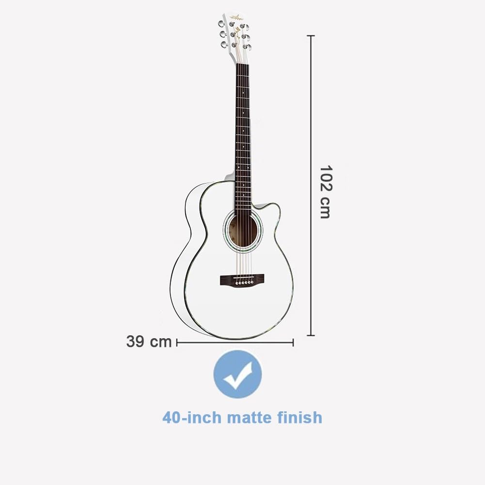 Chitarra Acustica Per Principianti, Adulti, Adolescenti, Set Completo Di Chitarra Acustica Con Corde In Ottone Con Custodia Morbida, Tracolla, Accordatore, Design Cutaway(Bianco,40 in)