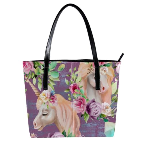 Sac licorne fleurs violettes imprimé artistique en cuir synthétique durable