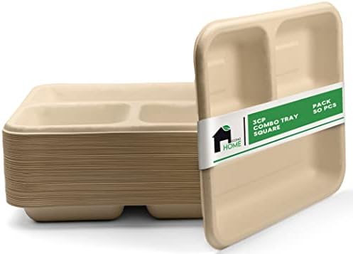 EconoHome 50 Pack Disposable Plates with 3 Compartments - Eco-Conscious Bagasse Sugarcane Disposable Plates - Microwave, Refrigerator-Safe - Heavy Duty Paper Plates for Dinner Party Supplies