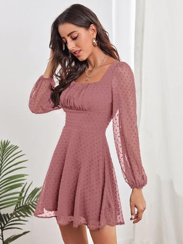 Image of Women's Polka Swiss Dots Square Neck Dress Lantern Long Sleeve Dress for Women Chiffon Mini Dress