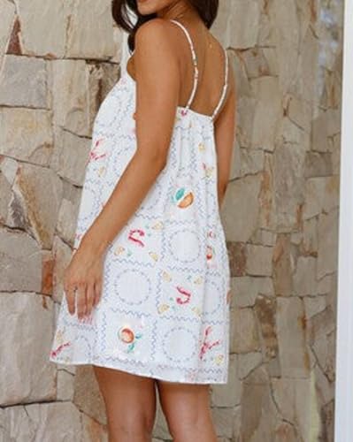 Image of NUFIWI Women Boho Graffiti Cami Mini Dress Spaghetti Strap Printed A Line Short Dress Backless Cut Out Colorful Sundress