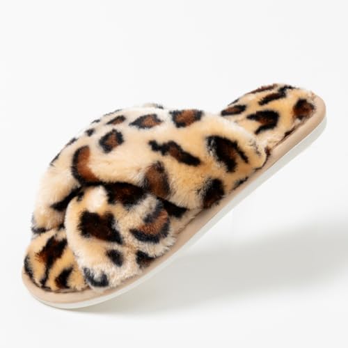 Image of Women's Cross Band Fuzzy Slippers Fluffy Open Toe House Slippers
