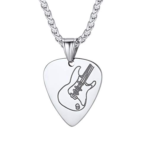 Suplight Herren Kette Edelstahl Plektron Anhänger Halskette Plektrum mit Gitarre Muster Guitar Pick Necklace Rocker Musikliebhaber Modeschmuck Geschenk für Geburtstag Weihnachten Cover