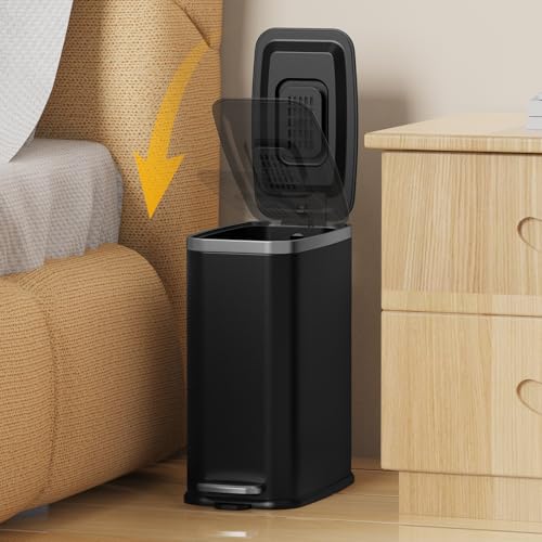 Image of KdbK Stainless Steel Bathroom Trash Can with Lid Soft Close,1.6 Gallon Slim Garbage can,Small Metal Step Wastebasket for Office, Bedroom, Toilet, Black