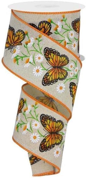 Butterflies & Daisies Wired Edge Ribbon, 10 Yards (2.5 Inch, Cream)