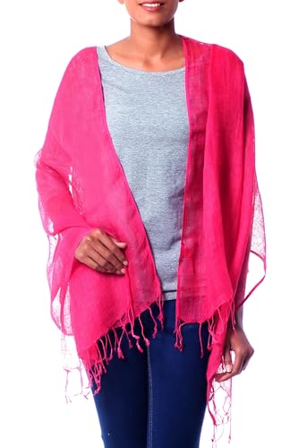 NOVICA Artisan Handcrafted Linen Shawl Wrap from India Accessories Shawls Pink Sangria Solid ' Sheer Hot Pink'