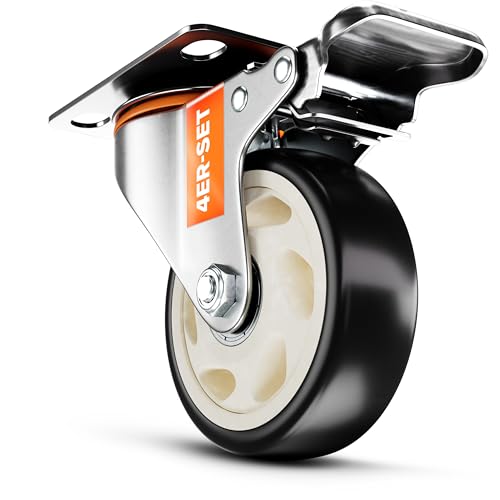 PEARWAY Schwerlastrollen 100mm - bis 600kg mit 4x Bremse - extra leise & langlebig - Möbelrollen mit Bremse - Rollen für Möbel & Schwerlast - Lenkrollen für Möbel & Outdoor - Laufrollen - Bockrollen