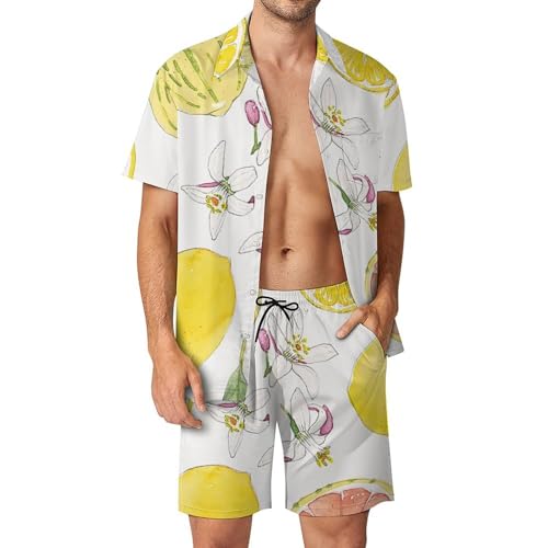 Ensemble Plage Chemise Hawaïenne Fleur De Citron Short Pantalon Été Homme S