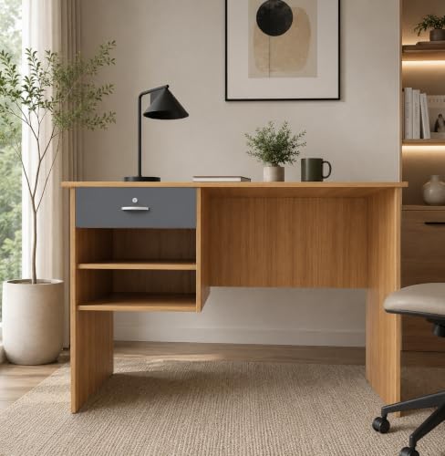 Image of 116x75x56CM Engineered Wood Verto Study & Office Table with Smooth Lockable Drawer and 2 Shelves for Storage | Sturdy DIY Counter, Commercial Table- Urban Teak with Grey
