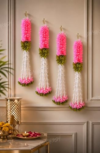 Image of Divyakosh Hanging Gajra Set of 4 | Small 15 Inch Pink-Green Fabric Floral Wall Hangings | Temple & Pooja Room Decoration Items | Backdrop Decor for Festivals & Diwali