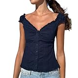 Women Y2K Cap Sleeve Tops Deep V Neck Solid Color Slim Fit Button Ruffle Low Cut Going Out Crop Tops Streetwear(Blue,M)