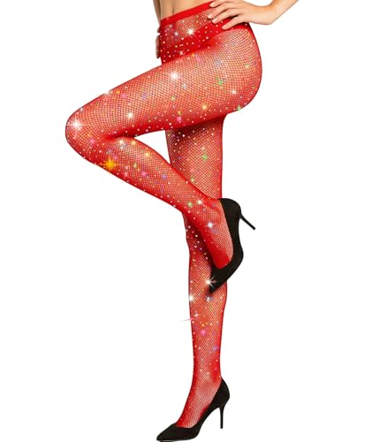 MEEZY Red Fishnet Tights Colorful Rhinestone Stockings for Adults, Glitter Fishnets Tights Pantyhose Ultra Strong Sparkly Stockings for Christmas Dress Halloween Photography Valentine's Day