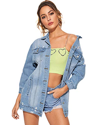 Floerns Women's Washed Distressed Boyfriend Jean Denim Jacket Blue-10 M