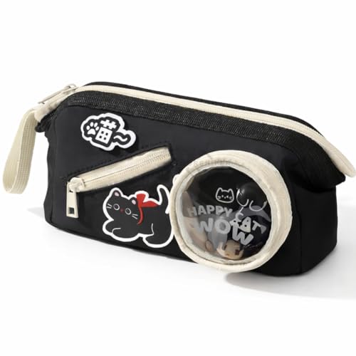 Image of Large Capacity Cute Aesthetic Pencil Case with multi ompartments, Multi-Pocket Pastel Pen Pouch Organizer with Zipper, Kawaii School Supplies Bag for Girls, Teens & Students (Happy Black cat)