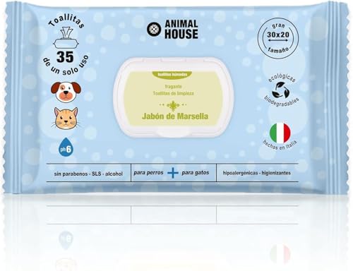 Animal House Toallitas perfumadas 35 PCS: Toallitas húmedas hipoalergénicas y biodegradables para la Limpieza Diaria de Perros y Gatos (35, Jabón de Marsella)