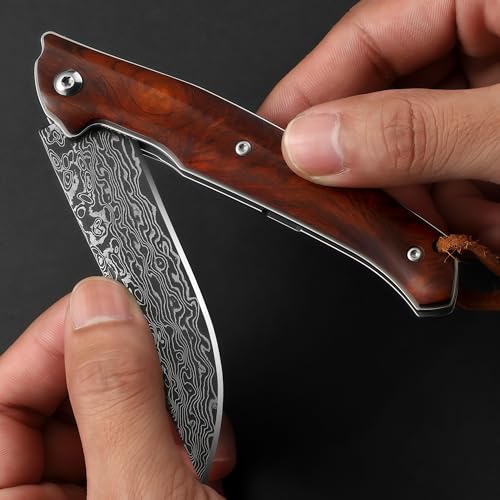Omesio Damascus Pocket Knife with Leather Sheath for Men Women, Wooden Handle, Vg-10 Steel Damascus Folding Knife, 3.54 Inch Blade Foldable EDC Knife for Camping Fishing Hiking Hunting Gift