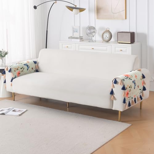 Image of HOKIPO Premium Holland Velvet Sofa Armrest Cover | Printed Design Arm Cover with Tassels | 'Whispers of Nature' (1 Pair) Pastel Butterfly Meadow (IN-1115-D2*2SC)