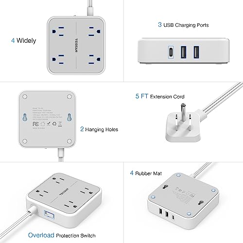 Flat Extension Cord 10 Ft, Tessan Ultra Thin Power Strip Under Carpet With 3 Usb Wall Charger(1 Usb C Port), 4 Outlets Slim Desk Charging Station Compact For Cruise Ship, Dorm Room Essentials #TOP5