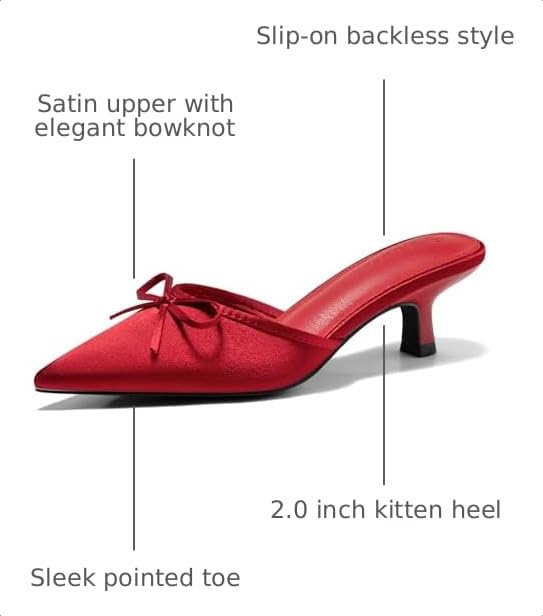 Image of Coutgo Womens Kitten Heels Mules with Bow Satin Slip on Pumps Closed Pointed Toe Dress Wedding Party Shoes