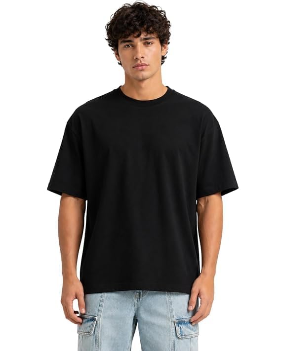 Image of VEL Plain Oversized 100% Pure Heavy Cotton Baggy Fit Drop Shoulder Half Sleeves Round Neck Solid Cotton T-Shirt for Men