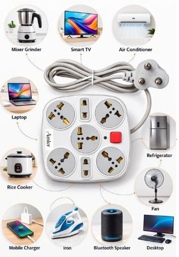 Image of 7 Socket Extension Board with Switch | 5 Universal 3‑Pin + 2 Two‑Pin Sockets | 2.5 Meter Heavy Duty Power Strip | Multi Plug Spike Guard Extension Board for Home, Office & Appliances