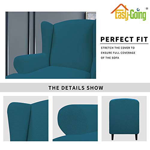 Image of Easy-Going Stretch Large Wingback Chair Sofa Slipcover Peacock Blue | 1-Piece Sofa Cover Furniture Protector Couch Soft with Elastic Bottom, Spandex Jacquard Fabric Small Checks