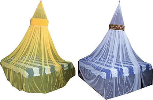 Creative Textiles Ceiling Hanging Mosquito Net I Machardani for Double Bed King Size I Polyster Canopy Circular Curtain for Bedroom I Keeps Away Insects and Flies - Yellow+White