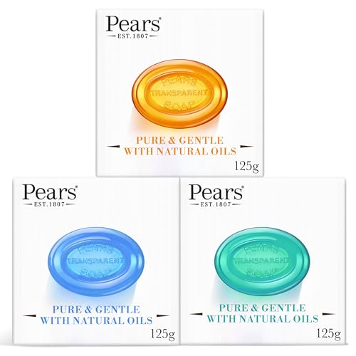 Pears Pure & Gentle Transparent Soap Bar 3 Pack (125g Each) Natural Oils Mint Extracts & Lemon Flower Extracts