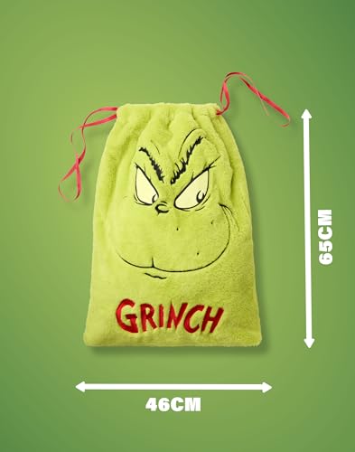 The Grinch Present Sack | Soft Fur Embroidered Multipurpose Christmas Theme Pouch | Green Festive Whoville Animated Character Drawstring Gift Bag | Seasonal Xmas Movie Merchandise Gift - Image 3
