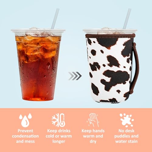 Image of KJQJLY 3 Pack Reusable Iced Coffee Sleeves for Iced Coffee Cups or Drinks Reusable Neoprene Insulated Sleeves for Hot and Cold Drinks from Starbucks, Dunkin, And More (Brown cow)
