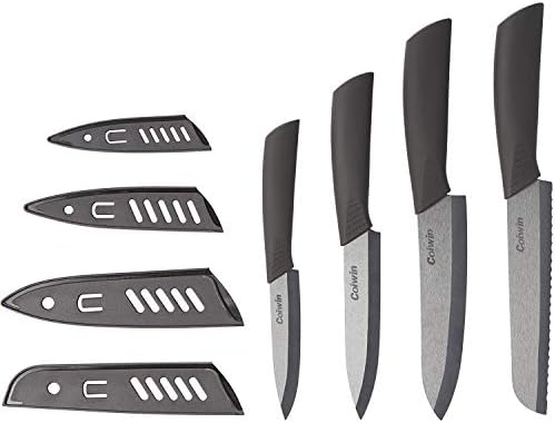 Coiwin Ceramic Knife Set Kitchen Cutlery with Sheaths Super Sharp and Rust Proof and Stain Resistant (6 inch Bread Knife, 6 inch Chef Knife, 5 inch Utility Knife, 4 inch Fruit Knife), Black