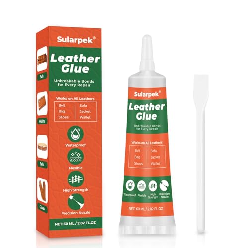 Sularpek Pegamento de Cuero Adhesivo, 60 ML Pegamento para Cuero Extra Fuerte, Transparencia Resistente al Agua, para Carteras, Asientos de Coche, Zapatos, Bolsos y Sofás