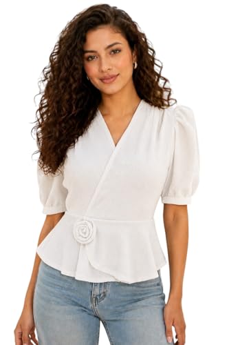 Image of IUGA Women Black Wrap Peplum Top for Women | Puff Half Sleeves V-Neck Casual Western Top | Stylish Regular Fit Tops for Girls