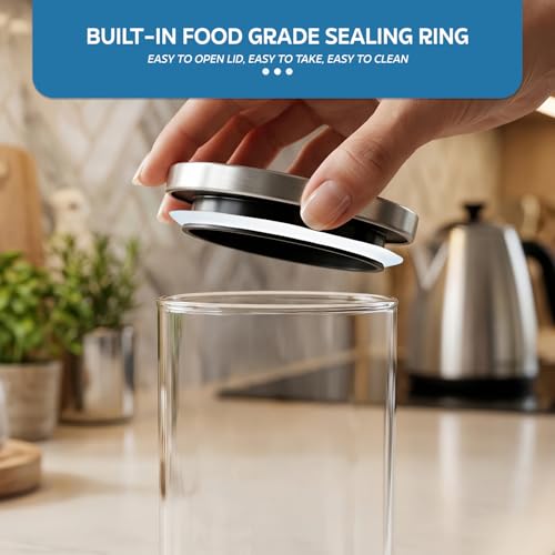 Image of amazon basics Glass Containers for Kitchen, Set of 6, 1000ml Borosilicate Glass Jars with Airtight Stainless Steel Lids for Flour, Rice, Pulses, Cookies & Pantry Storage