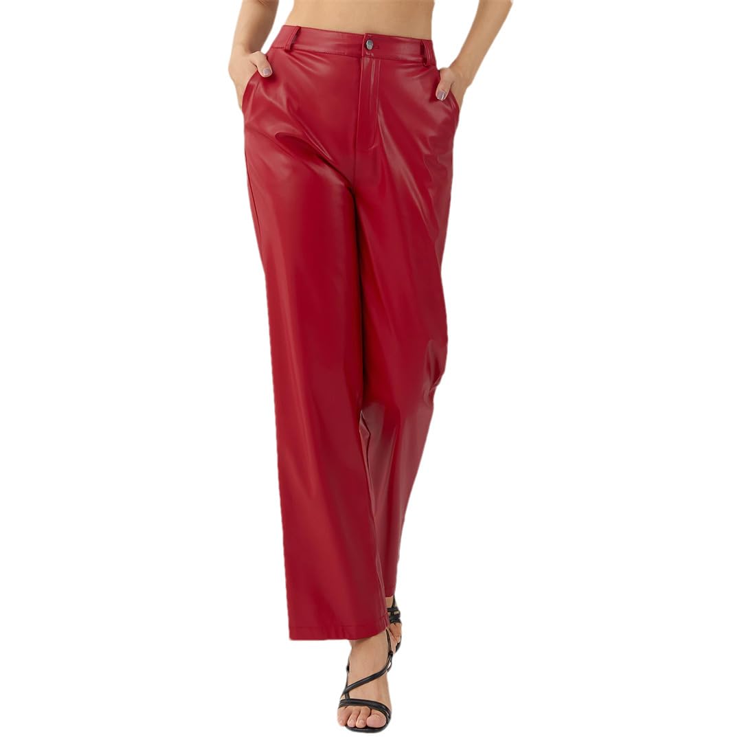 Women Red PU Leather Pants High Waist Pockets Button Loose Casual Straight-Leg Trousers