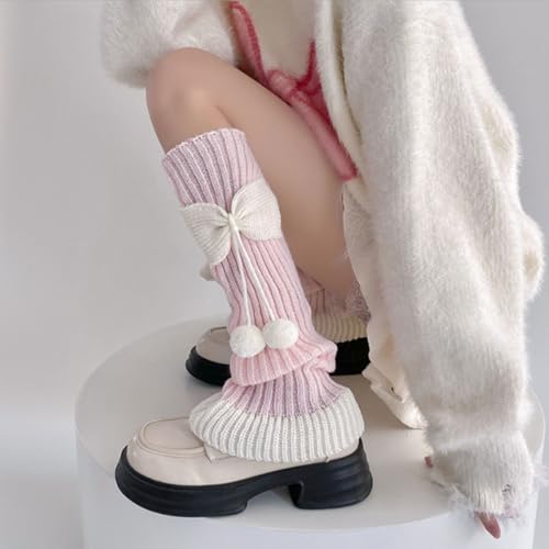 FZBNSRKO 1 Pairs Kawaii Leg Warmers,Knit Leg Warmers With Bow,2 Fluffy Balls Legwarmers Japanese Socks for Girls/Women2