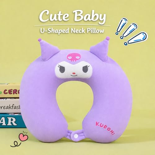 Image of Soft and Comfortable Cartoon Designed U-Shaped Kids Travel Neck Pillow for Airplane Car Flight Head Neck Support for Boys and Girls (Pack of 1, Puple)