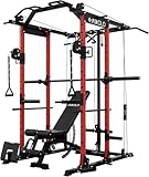 Mikolo K6 Power Cage, Power Rack with Cable Crossover System, 1500LBS Squat Rack with LAT Pull Down System, Home Gym Packages with Bar＆Weight Bench-Red