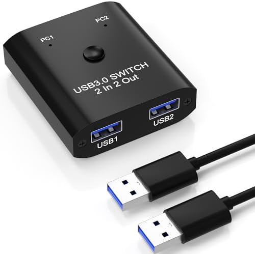 2 in 2 Out USB 3.0 Switch, USB Switcher for 2 Computers Sharing Keyboard, Mouse, Printer, USB Sharing Switcher for Windows/Mac/Linux, 2 Port USB Selector Switch with 2 USB3.0 Cables, Plug and Play