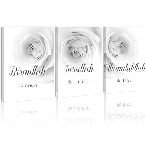 Toile islamique Bismillah triptyque haut de gamme floral gris avec cadres bois 60x80 cm