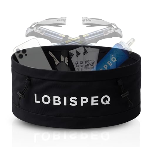 LOBISPEQ® Cinturón Running Hombre Compresivo + Porta Dorsal + Porta Bastones + Bolsillo Único 360º | Riñonera Running Hombre | Trail Running Senderismo Entrenamientos y Carreras de Gran Capacidad (M)