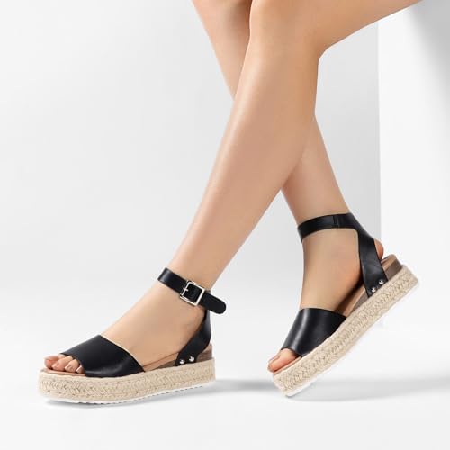 Image of Athlefit Women's Espadrille Platform Wedge Sandals | Adjustable Ankle Strap Buckle,Comfortable Open Toe Flatform,Summer Casual Daily Wear for All-Day