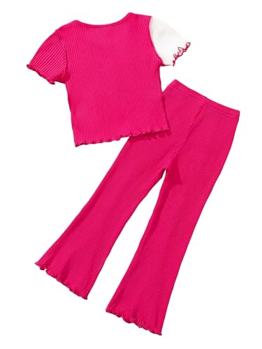 Image of Floerns Toddler Girl's 2 Piece Outfit Colorblock Short Sleeve Tee Shirts with Pants Set Hot Pink 5Y