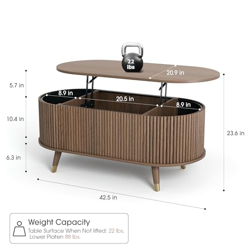 Image of JOINICE Oval Lift Top Coffee Table with Storage for Living Room,43 inch,Walnut | Large Hidden Storage,Mid Century Fluted Panel,Pop Up Center Table with Wooden Legs,Lifts to 22.4 inch,Holds 88lbs,Easy Assembly