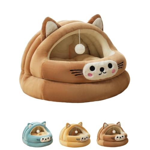 SJGEIDM 猫 ハウス ベッド ペット用寝袋 ドーム型 キャットハウス 小型犬 猫用 犬猫兼用 暖かい ふわふわ 折りたたみ式寝マット マット クッション 保温防寒 猫犬小動物用 室内用厚み 冬 寒さ対策 可愛い おしゃれ ブラウン (ブラウンミャオミ